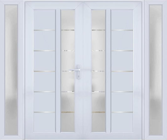 VDOMDOORS Front Exterior Prehung Metal-Plastic Double Doors/MANUX 8088 White Silk / 2 Sidelites Exterior Windows/Residential Doors Entrance Patio Garage 96 x 80