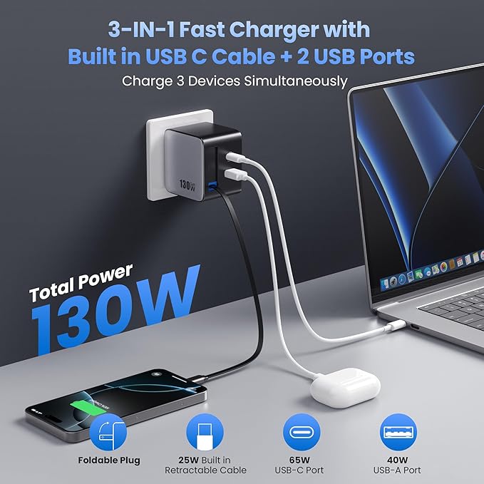 130W USB C Charger Built-in Retractable Cable,Upgraded GaN IV 3 in 1 Fast Charging Station Foldable Plug Wall Charger,PD PPS 65W Laptop Adapter for MacBook Pro/Air,iPad,iPhone 16/Pro,Galaxy S25,Dell