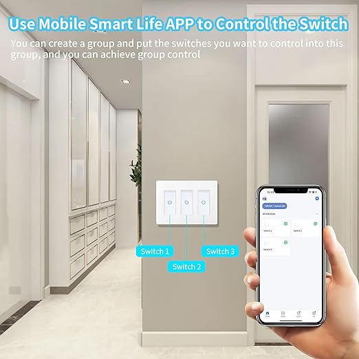 Milfra Touch Smart Switch 3 Gang, WiFi Light Switch Compatible With Alexa and Assistant, Neutral Wire Needed, No Hub Required, White, M22-1-3-DY
