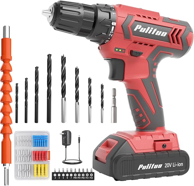 PULITUO Cordless Drill Set, 20V Electric Power Drill with Battery And Charger, 30N.m and 21+1 Torque, 2 Variable Speeds, with 59pcs Drill Driver Bits Kit, Screws Set,(Red)