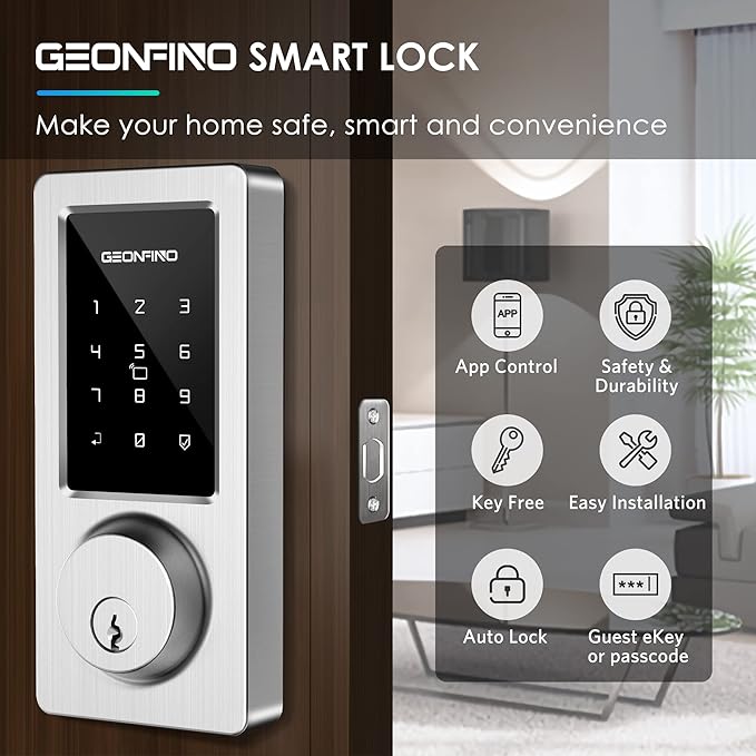 Keyless Entry Door Lock, Smart Deadbolt Lock with Bluetooth App, Electronic Keypad, IC Card, Spare Keys, Security Waterproof Smart Lock Easy Install USB Ideal for Home Use, Office, Hotel.(Sliver)