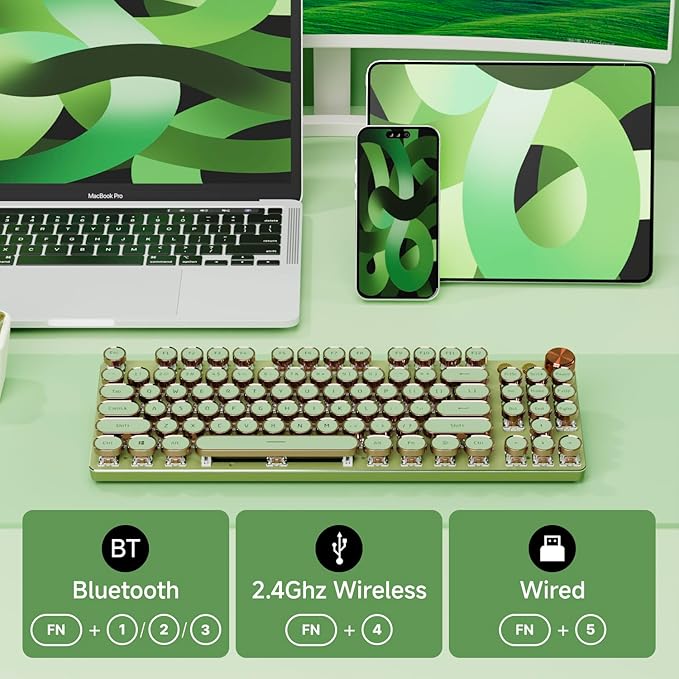 EWEADN V20 Green Typewriter Keyboard,87 Keys Backlit Typewriter Style Mechanical Keyboards, Media Control Knob, Wired/BT5.0/2.4G Typewriter Style Computer Keyboards Pink Switch for Windows/Mac/PC