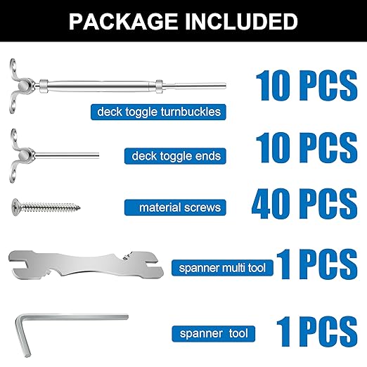 10 Pairs Cable Railing Kit 1/8" Swage Toggle Turnbuckle Hardware T316 Stainless Steel for Wood Post WoodEasy System Angle 180° Adjustable Stairs Deck 10 Cable Lines