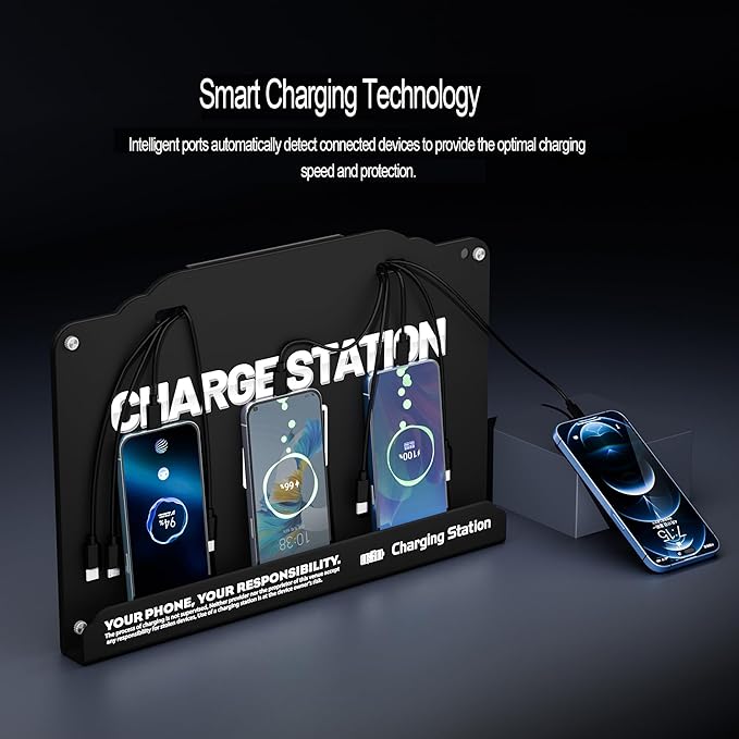 Wall Mounted 8 Port Charging Station with Fast Charigng Cables – Multi Device Charging Dock for Office, Hotel & Public Spaces | Compatible with iPhone ipad Smartphone Tablets Android Port (Black)