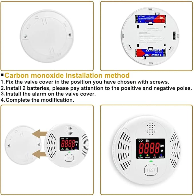 Carbon Monoxide and Smoke Detector Equipped with LCD Display, Battery Powered, Dual Sensor Alarm, 85dB Voice Alarm and Real-time CO Tracking, Suitable for Home/Kitchen/Bedroom/RV 2-Pack