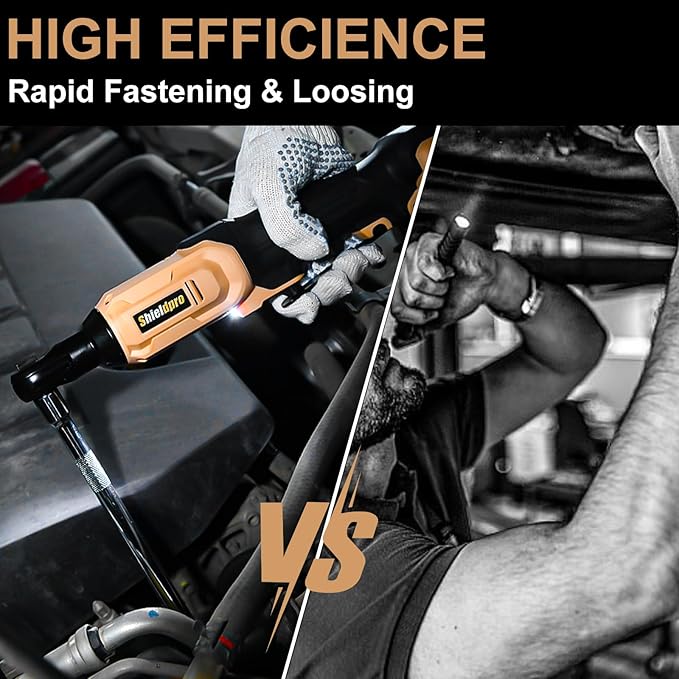 SHIELDPRO 20V Electric Ratchet Wrench Set, 3/8" Cordless Ratchet Kit with 400RPM, Power Torque Ratchets with LED Light, 2 Packs of 2.0AH Batteries, Fast Charger, Sockets, Adapters, and Extension Bars
