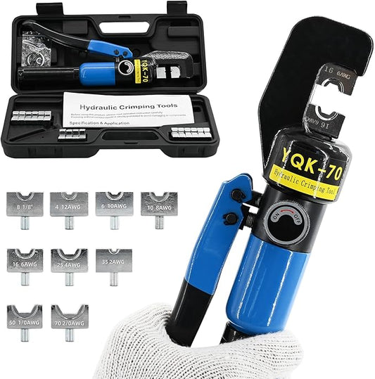 10T Hydraulic Lug Crimper Tool 12 AWG to 2/0 AWG Battery Cable Crimper Hydraulic Crimping Tool Electrical Terminal Wire Crimper with 9 Pairs of Dies Kit, Blue