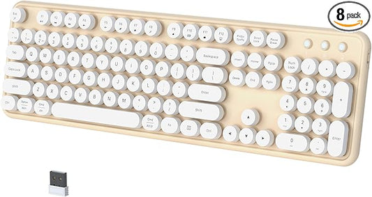 Colorful Wireless Bluetooth Keyboard, 2.4G & Dual Bluetooth Multi-Device, Typewriter Retro Round Keycaps 104 Keys Full-Size for PC Laptop Tablet Phone (White Milk-Tea)