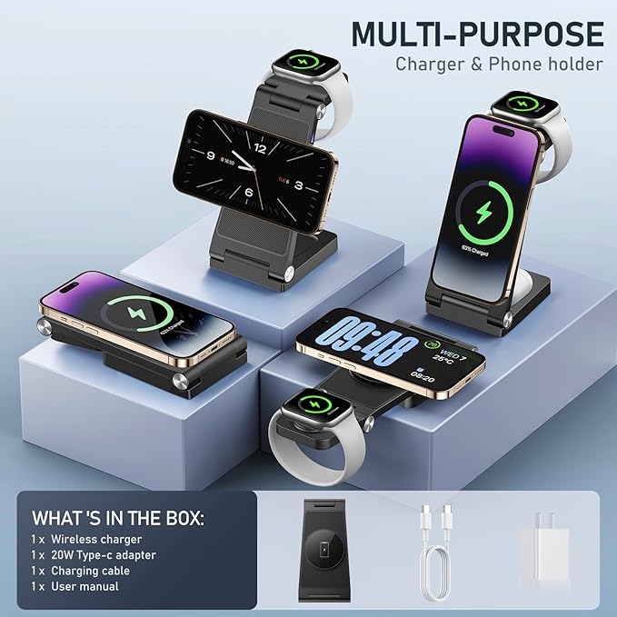 Magnetic Wireless Charger Stand, 3 in 1 Foldable Wireless Charging Station, Travel Charger for Multiple Devices for iPhone 16 15 14 13 12 Series, Apple Watch Ultra/9/8/7/6/5/4/3/2, AirPods