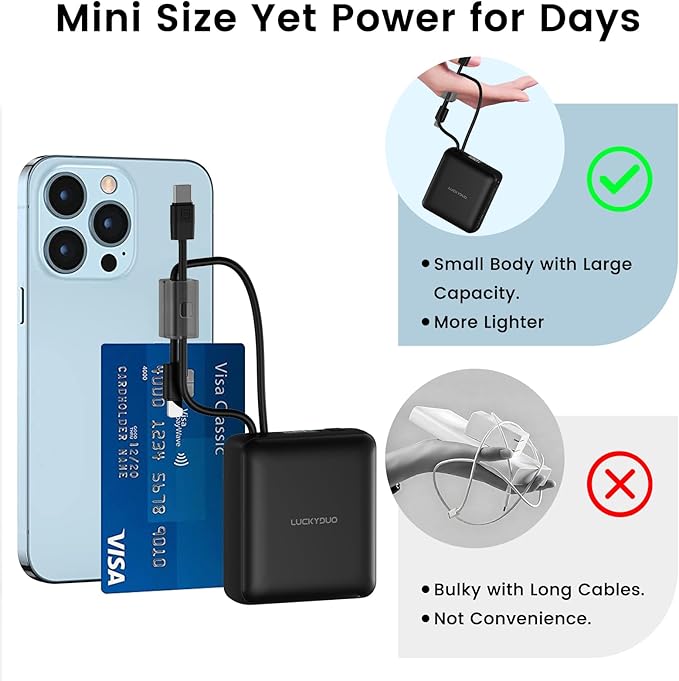 LUCKYDUO Small Portable Charger, Fast charging 22.5W Slim Power Bank 10000mAh with Built-in Cables, LED Display USB-C Mini Battery Pack Travel Essential, Compatible with iPhone, Samsung,Android, White