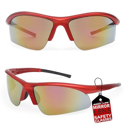 BISON LIFE Sport MTX Red Mirror Lens Safety Glasses, ANSI Z87+, Impact Resistant, Anti-Scratch UV Protection Lens for Shooting, Yard Work, Cycling, and Outdoor Activities (1 Pack)