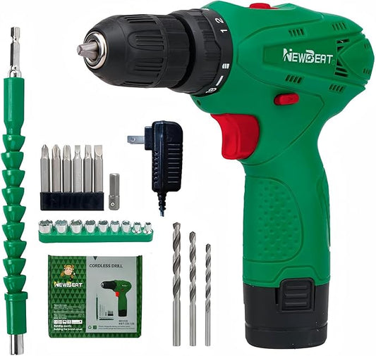 NEWBEAT Cordless Drill Set, 12V Power Drill Driver with Battery and Charger, 3/8" Keyless Chuck, 2 Variable Speed, 18+1 Torque Setting, Cordless Drill Driver Kit for Home and DIY Project