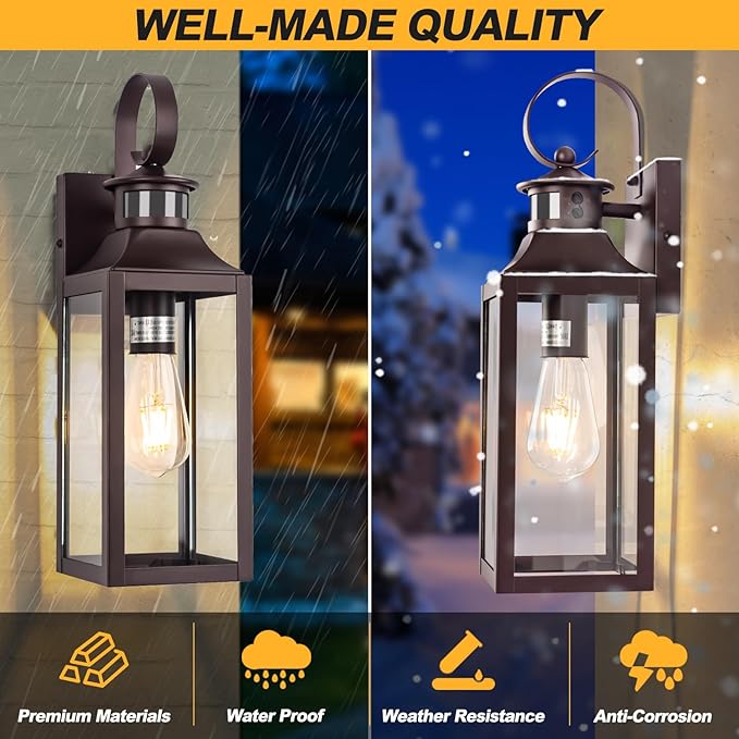 Oil Rubbed Bronze Motion Sensor Outdoor Light, 16" Dusk to Dawn Outdoor Lighting, Exterior Wall Sconce Waterproof, Large Brown Outside Lamp for House, Modern Wall Mount Porch Lantern 3 Modes, 1 Pack