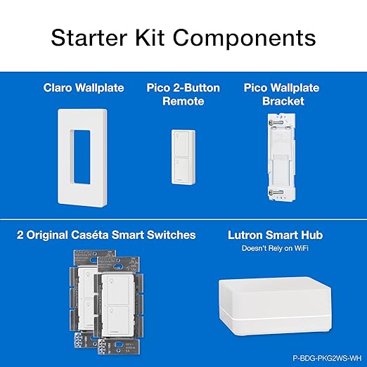 Lutron Caseta Deluxe Smart Light Switch Kit w/ Wall Plate and Smart Hub, Compatible w/ Alexa, Apple Home, Google Home, Single-Pole/3 Way, 5 Amp, P-BDG-PKG2WS-WH