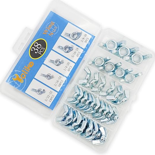 38 Pcs 5 Sizes 5/32",3/16",1/4",5/16",3/8" Wingnuts, Quality Carbon Steel Wing Nuts Zinc Plated Fasteners Parts Butterfly Nut, Hand Twist Tighten Hardware Nuts Butterfly Wing-Nut Assorted Kit