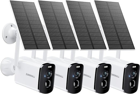 ZUMIMALL Solar Security Cameras Wireless Outdoor - 4 Packs, 2K Camera for Home Security with Color Night Vision, 2.4GHz WiFi, 2-Way Talk, Spotlight & Siren, IP66 Weatherproof, Compatible with Alexa
