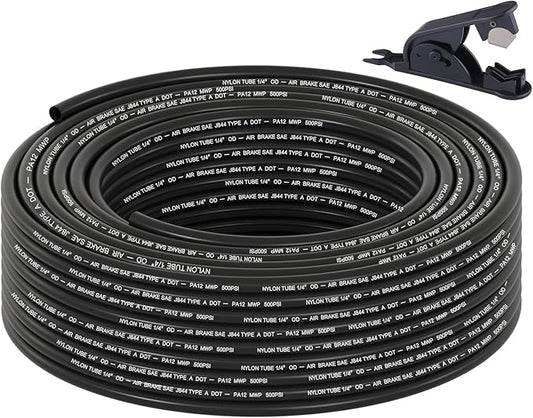 100FT 1/4 DOT Air Line SAE J844 PA12 Nylon Air Hose with Cutter 1/4” OD Pneumatic Tubing DOT Approved 1/4 Air Brake Hose for Air Suspension Kit Truck Trailer Brake System & Fluid Transfer 30.5m