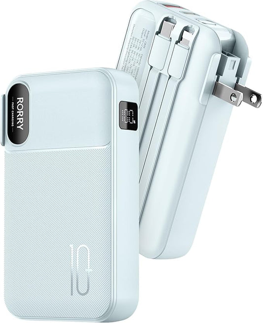 RORRY Portable Charger Built in Cables, AC Wall Plug in Portable Charger Power Bank 10000mAh Travel Battery Pack 22.5W Fast Charging for iPhone 16/15/14 Samsung Galaxy S24/S23/S22 Pixel LG iPad, Blue