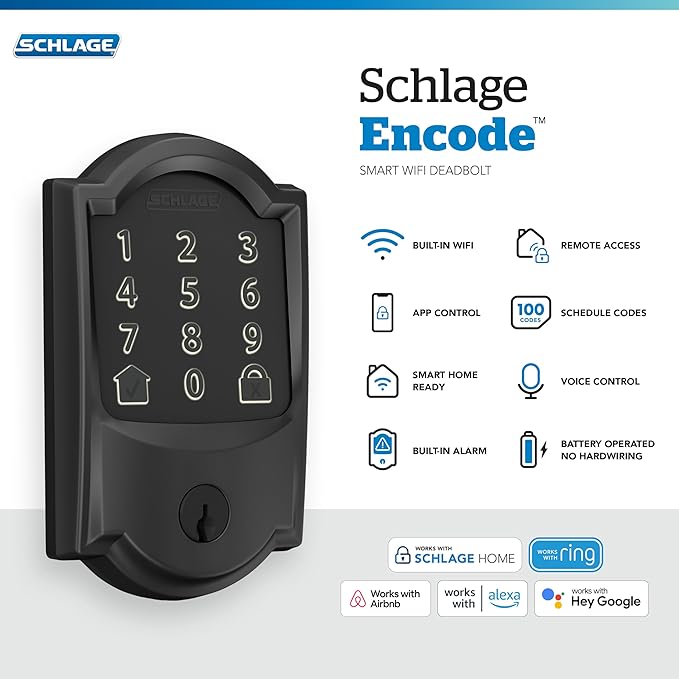 Schlage Encode Smart WiFi Deadbolt Lock for Front Door - Keyless Entry with App or Touchscreen - Works with Alexa, Hey Google, & Airbnb - Create Codes for Guests - Matte Black