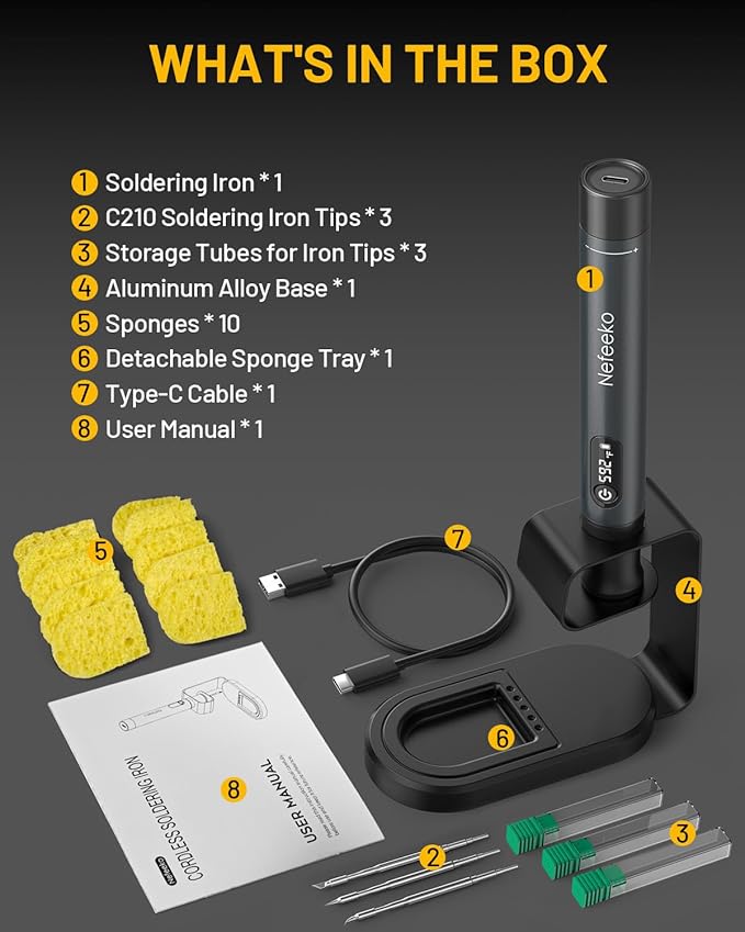 Nefeeko Cordless Soldering Iron Kit, Rechargeable Soldering Iron with Stand, 7s Fast Heating, Auto Sleep/Off, C210 Soldering Iron Tips, Portable Soldering Pen Soldering Gun Kit for Electronics Repair
