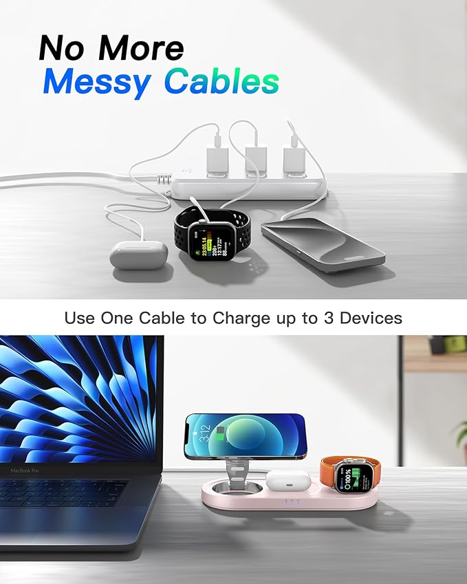 Upgraded 3 in 1 Wireless Charging Station for Apple Devices, Faster Mag-Safe Charger Stand, Magnetic Charger Station for iPhone 17/16/15/14/13/12 Series & AirPods Pro & Apple Watch Series (Pink)