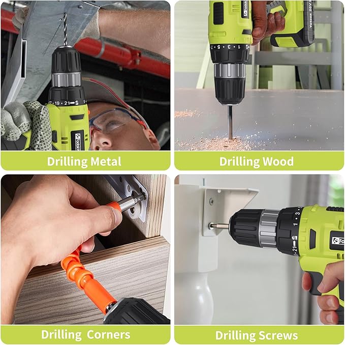 Cordless Drill Set, 20V Electric Power Drill with Battery And Charger, Torque 30N, 21+1 Torque Setting, 3/8-Inch Keyless Chuck, Drill Driver Bits Kit, with LED Electric Drill Set. (green)