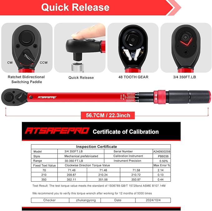 3/4 Torque Wrench,3/4 Drive Torque Wrench-30-350 Ft-Lb(40.7-474.3Nm) Dual Scales,Precision Instruments Torque Wrench Pre-Calibrated Accuracy+-3%,48-Tooth Dual-Direction for Auto & Machinery