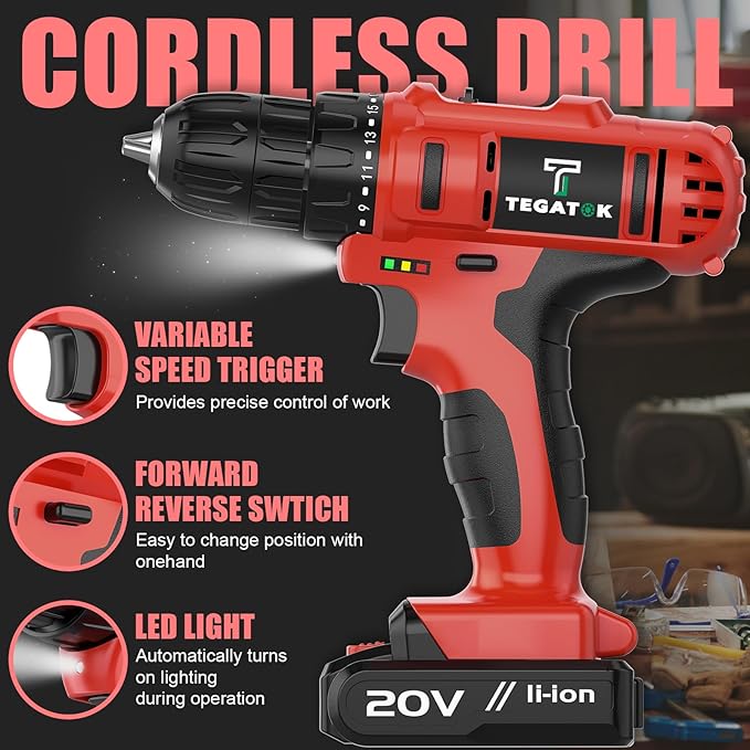 Cordless Drill Set, 3/8 Drill Handheld Screwdriver Kit with 18+1 Torque Setting, 20V Electric Drills Tools Bit, LED Electric Power Drills with Battery and Charger, Red