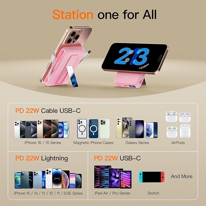 2025 Latest Portable Charger, 16800mAh Magnetic 15W Wireless Power Bank with 2 Built in Cables, LED Display Battery Pack Travel Essentials for iPhone 17/16/15/14/13/12/Pro/Mini/Pro Max