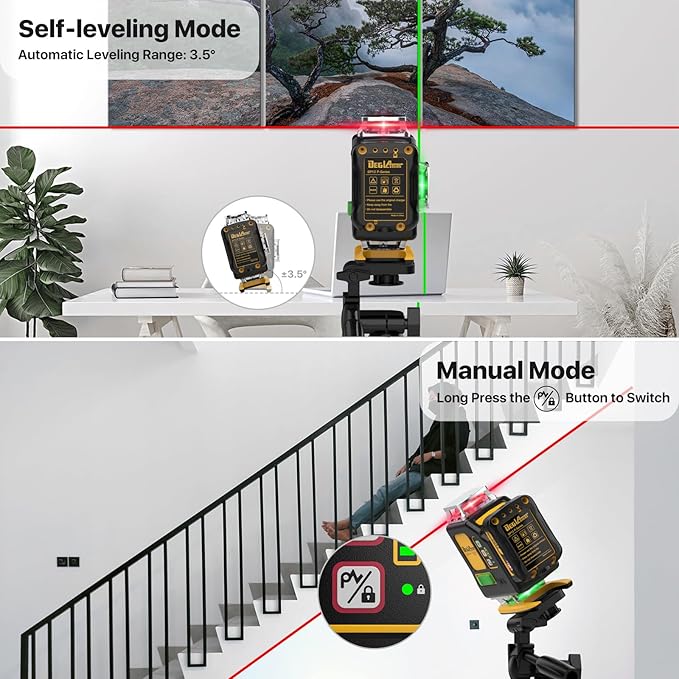Laser Level,DEGLASERS Red/Green 4x360° Cross Line laser level with 12V Rechargeable Battery, Remote Controller, Magnetic Rotating Stand for Construction and Picture Hanging