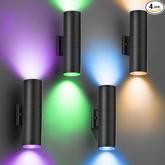 wowlite RGB Up and Down Lights Outdoor Wall Sconce 4 Pack, Smart Color Changing Porch Lights Outdoor Wall Sconce Light WiFi Voice & App Control, Tunable White Exterior Lights for House Porch Garage