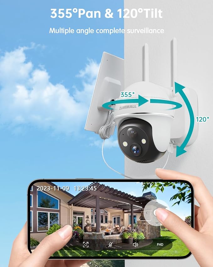 ZUMIMALL Security Cameras Wireless Outdoor - 2 Packs, 360°View Outdoor Camera Wireless Solar Powered,2.4G WiFi, Spotlight/Siren//3MP Color Night Vision/AI Detection/IP66/Cloud/Alert, Work with Alexa