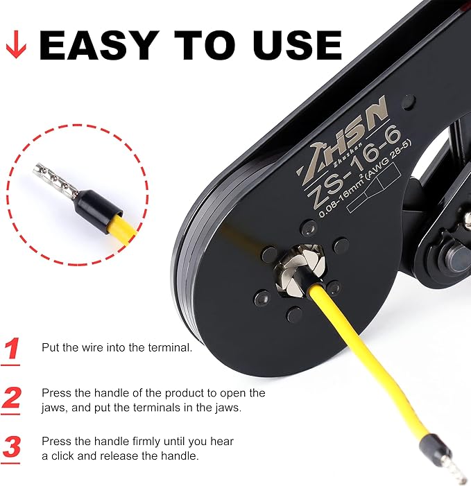 Zhushan Wire Ferrule Crimping Tool - 16-6 Square Jaw Crimping Pliers - Self-Adjustable Ratchet for AWG 28-5 (0.08-16mm²) - Ideal for Wire Terminals, Cables, and End-sleeves