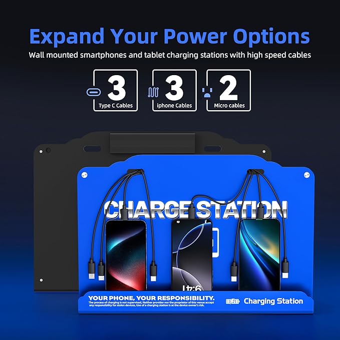 Wall Mounted 8 Port Charging Station with Fast Charigng Cables – Multi Device Charging Dock for Office, Hotel & Public Spaces | Compatible with iPhone ipad Smartphone Tablets Android Port (Blue)
