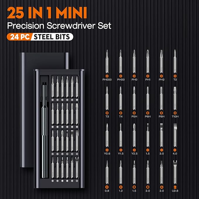25-in-1 Precision Screwdriver Set, Professional Mini Repair Tool Kit with Magnetic Drivers for Macbook, Laptop, Phone, Watch, Glasses, Ring Doorbell, Electronics, Small Gadget Gift for Men