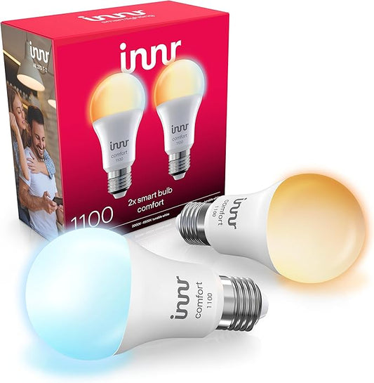 innr Smart Light Bulbs, A19 Zigbee, Works with Philips Hue* and Alexa (Bridge Required), Warm to Cool White, Dimmable, E26 LED Bulb 75 Watt, Soft White Light, 1140lm, 2-Pack