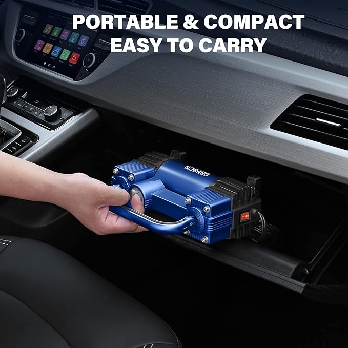 GSPSCN Blue Tire Inflator Heavy Duty Double Cylinders with Portable Bag - Car Accessories,Metal DC 12V Air Compressor Pump 150PSI w/Adapter for Car, Truck, SUV Tires, Dinghy, Air Bed, RV etc