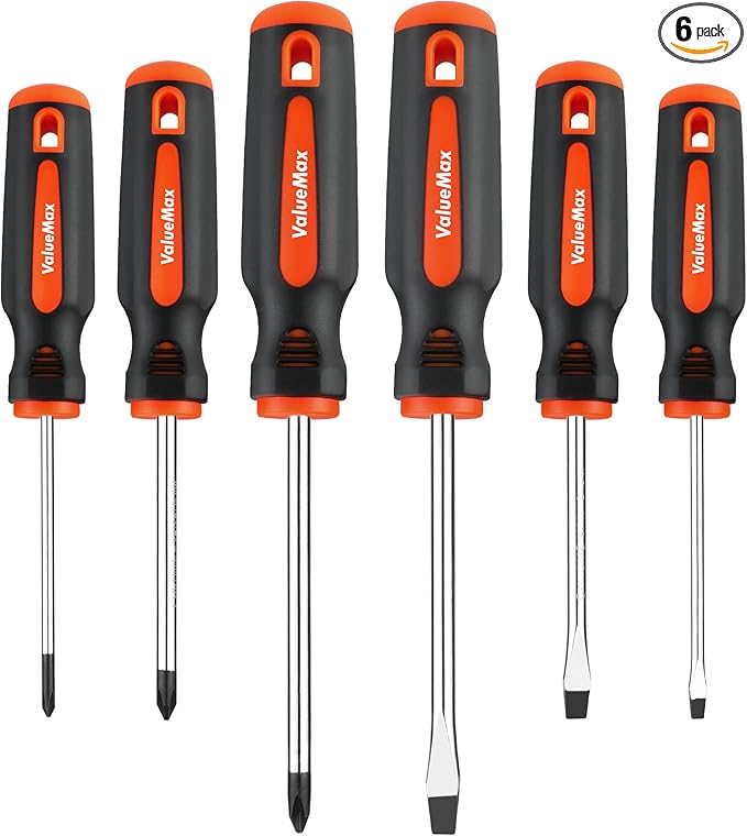 ValueMax 6-Piece Magnetic Screwdriver Set, 3 Phillips and 3 Flat Tip Screwdrivers, Non-slip Handle Screw Driver Set Kit