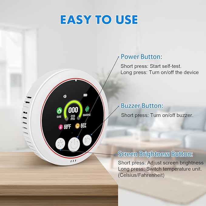2 Pack Carbon Monoxide Detectors, 5-in-1 Plug in Natural Gas & Smoke Detector, CO Methane Propane Combustible Combination Gas Alarm with Temp Humidity Sensor HD Screen for RV Home Travel Kitchen White