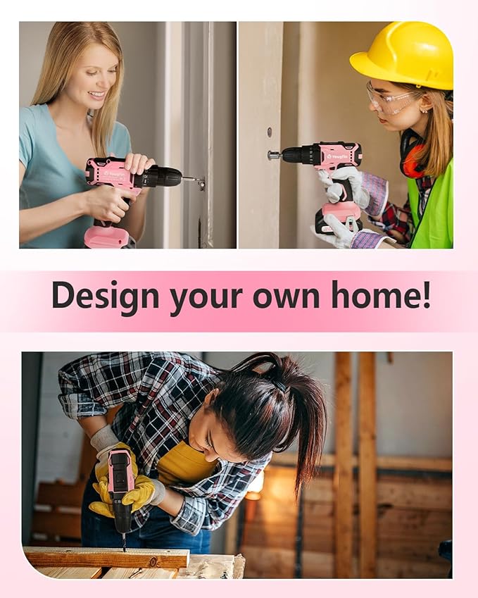 Yougfin Cordless Drill Set, 20V Power Drill Driver With Battery & Charger, 3/8'' Keyless Chuck, Variable Speed, 25+1 Torque Setting, Pink & Black