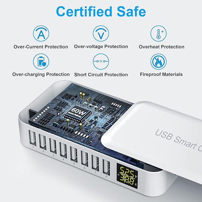 USB Charging Station, Ziwodiv 8-Port 60W/12A Charger Station, Multi Ports USB-A Charging Hub with LED Display, Compact Desktop Charger for Multiple Devices, iPhone iPad Samsung Android and Tablet