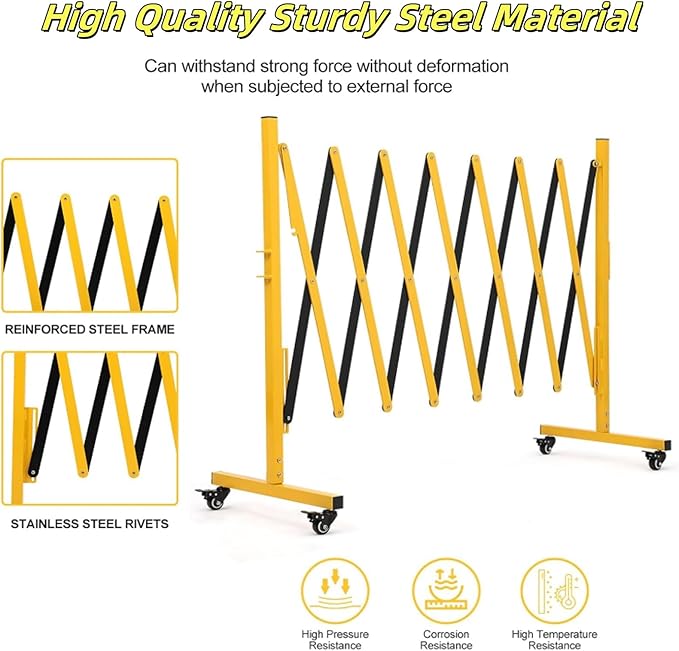 11.5FT Expandable Barricade Gate, Folding Metal Barricade Security Gate with Casters, Retractable Driveway Safety Gate, Adjustable Traffic Fence Crowd Control, for Industrial/Residential Use