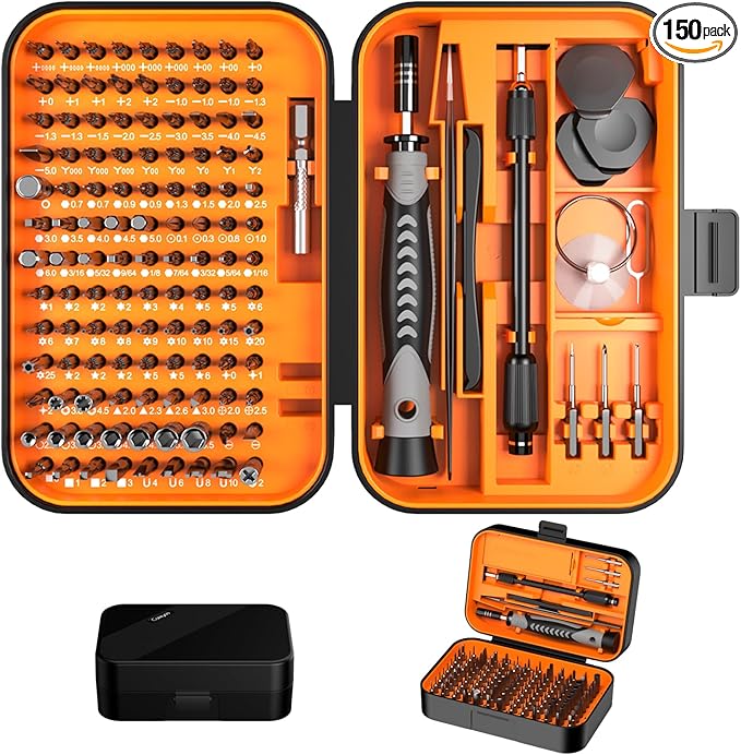 150 IN 1 Precision Screwdriver Set, 120 Bits Full Range Small Screwdriver Set, Magnetic Mini Repair Tool Kit for Ring Doorbell, Laptop, Switch, PS5, Xbox, Macbook, iPhone, Watch, Glasses - Orange