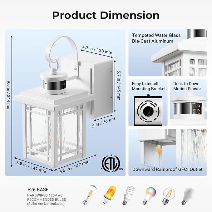 Outdoor Porch Light with GFCI Outlet, White Exterior Lighting Fixtures Wall Mount, Motion Sensor Outdoor Wall Sconce, Anti-Rust Coach Lights for Garage, Modern Patio Lantern Lights for House