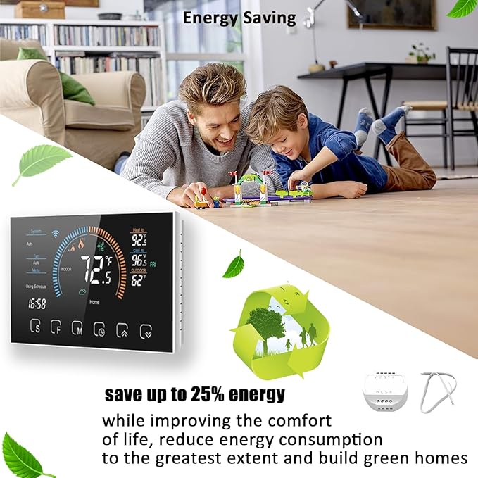 Smart Thermostats for Home, Digital Thermostat with App, WiFi Thermostats for Home Heat Pumps, Cooling Heating & Auto, Includes C-Wire Adapter, LCD Screen/Voice Control/Weather/Energy Saving