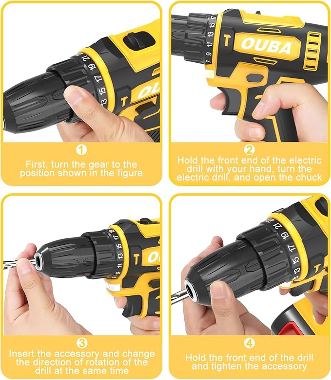 OUBA Cordless Drill Set, 12.8V Lithium Lon Power Drill Cordless with Battery and Charger, 2 Variable Speeds, 3/8" Keyless Chuck, 25+3 Torque Setting, Built-In LED, Electric Drills for Home (Yellow)