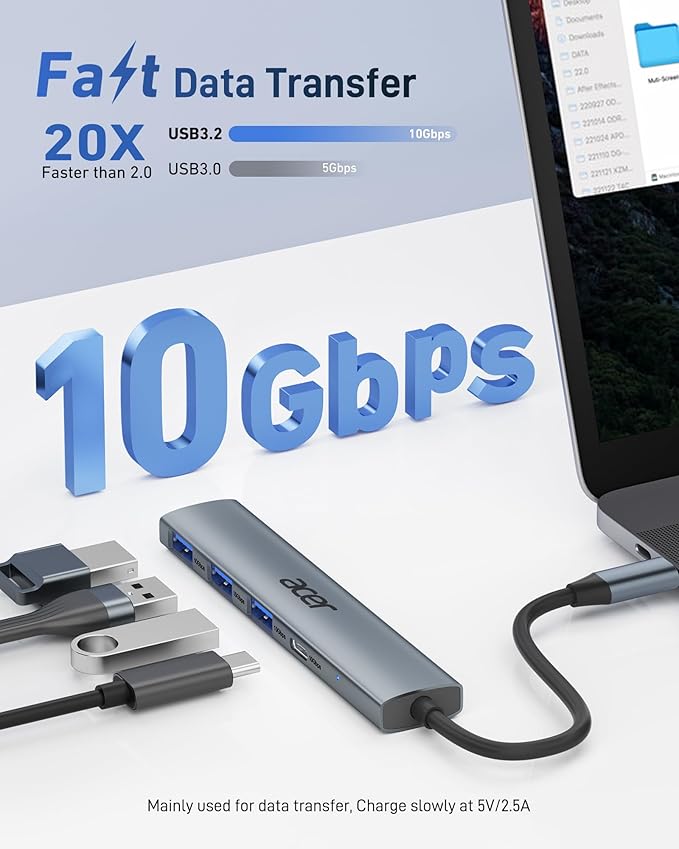 Acer USB C Hub 10Gbps, USB 3.2 Gen 2 Adapter with 3 USB-A & 1 USB-C Ports, High Speed Type C Multiport Splitter for MacBook, iPhone 16/15, iPad, Surface Pro, Chromebook, Dell XPS and More