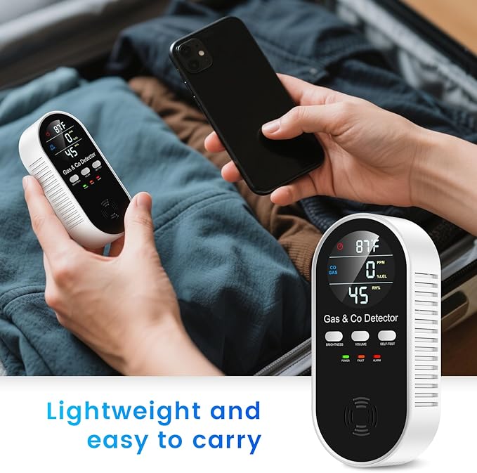 5 in 1 Carbon Monoxide Detectors Plug in with Temperature Humidity Sensor Built in Battery Backup, Natural Gas Leak Detector with Clear LED Display Sound & Light Warning for Home/Hotel,1Pcs, Black.