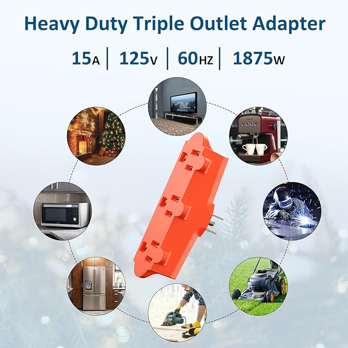 ETL Listed 3 Outlet Grounding Adapter, BTU Three Plug Outlet Adapter Splitter, Heavy Duty Grounded Power Tap, 3-Prong Outlet Adapter, Multi-Plug Extender, Orange (Pack of 3)