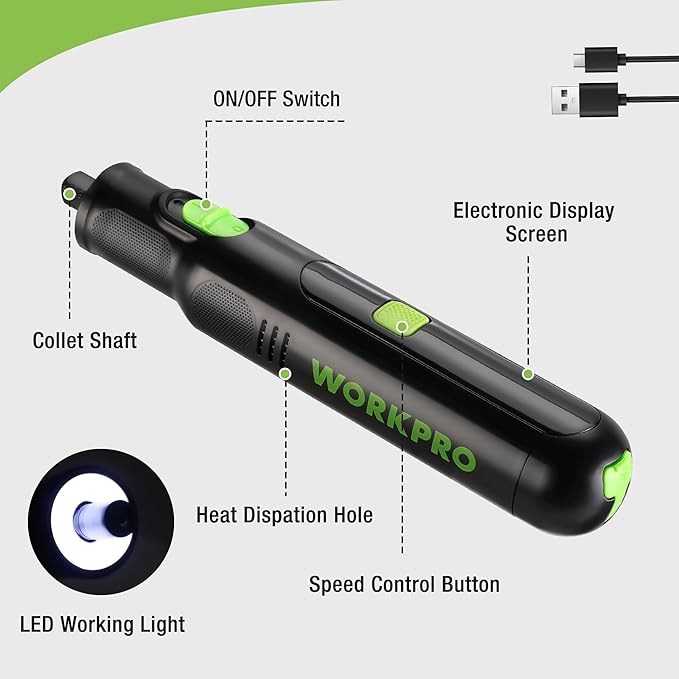 WORKPRO Cordless Rotary Tool, 8V Rotary Tool Kit with 117 Accessories, 6 Variable Speed, Type-C Charging, LED Work Light, Power Rotary Tool for Sanding, Polishing, Engraving, Drilling, Cutting, DIY
